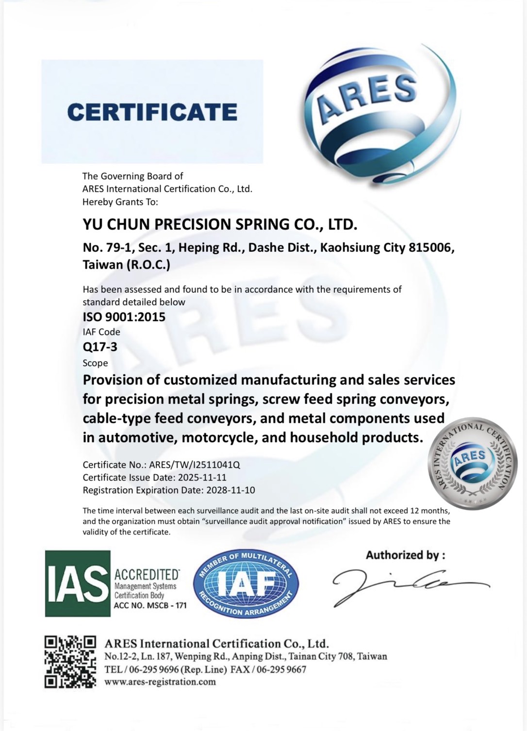 YU CHUN PRECISION CORP.-ISO9001 : 2015圖片