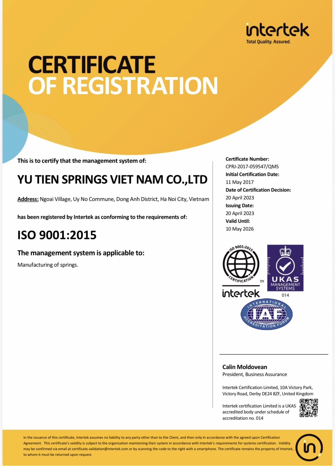 宇鈞精密彈簧有限公司-Intertek ISO9001 : 2015 認證通過(越南廠)圖片