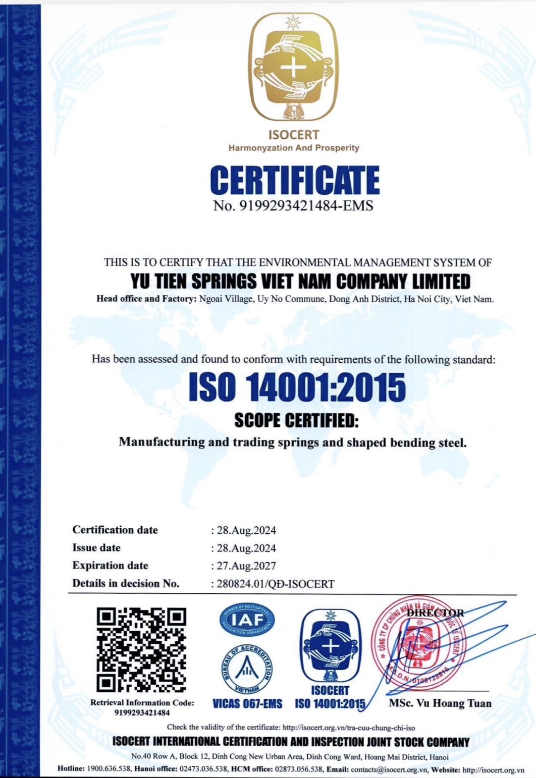 宇鈞精密彈簧有限公司-ISOCERT ISO14001 : 2015 認證通過(越南廠)圖片